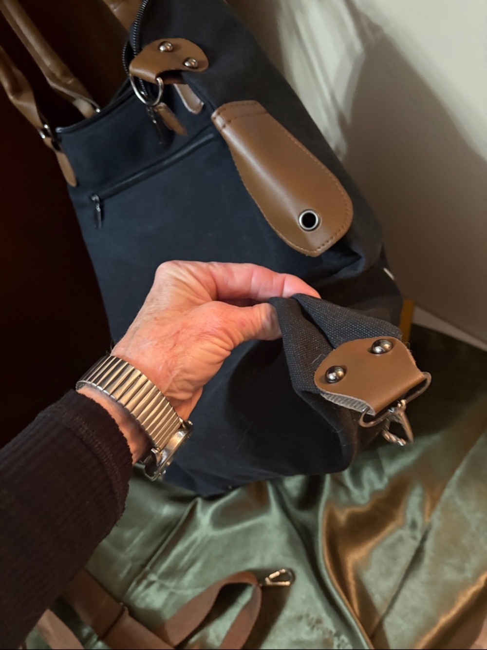 Paris Print Black Canvas Tote Bag with Brown Handles and cross body strap - Picture 8 of 9